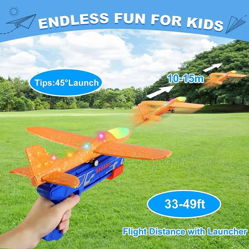 2 in 1 Kids LED Airplane Launcher ToyGun | Foam Flying Glider Aeroplane | Outdoor Fun Catapult Aircraft Toy