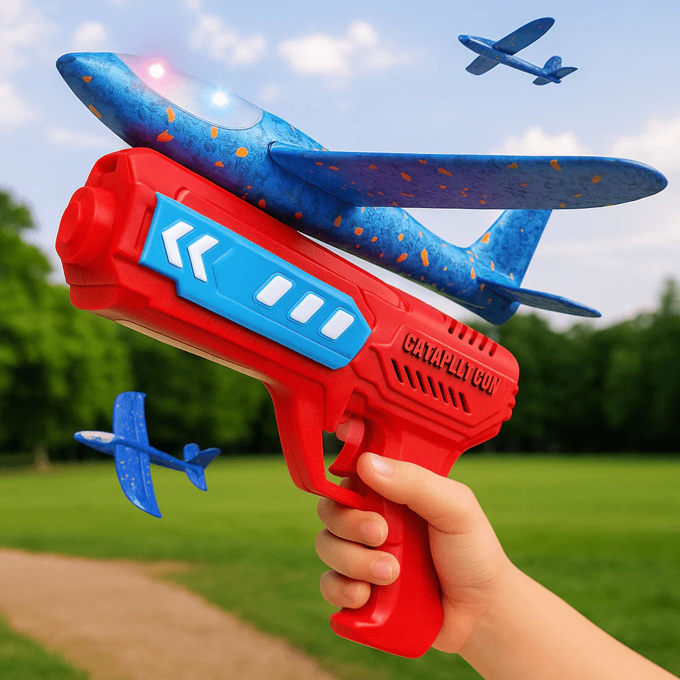 2 in 1 Kids LED Airplane Launcher ToyGun | Foam Flying Glider Aeroplane | Outdoor Fun Catapult Aircraft Toy